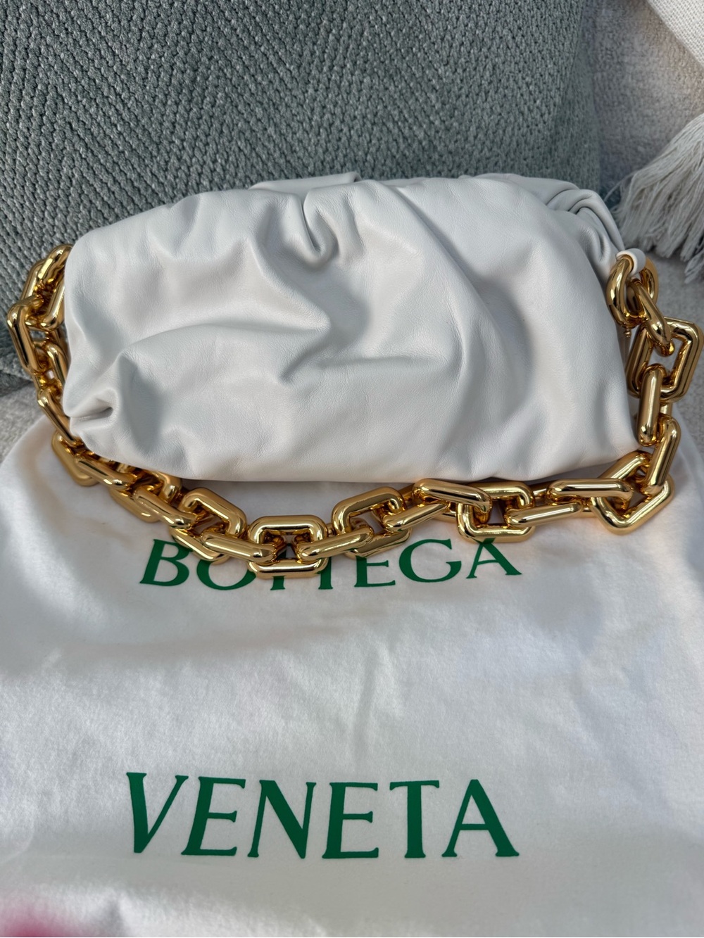 Bottega Veneta white pocketbook with chunky gold chain